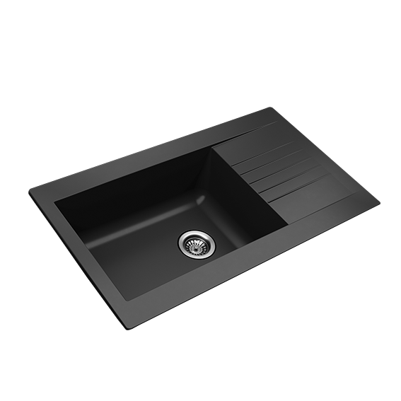 A stylish and modern single bowl composite kitchen sink in black.