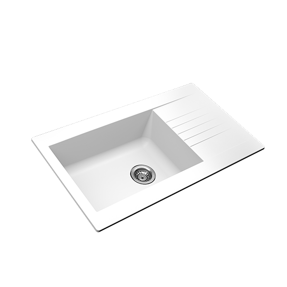 Modern single bowl composite kitchen sink in a sleek white finish