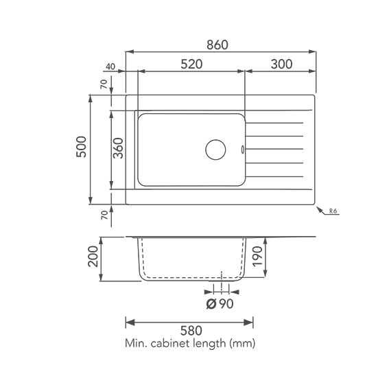 Fibr Single Bowl Sink - Dimensions