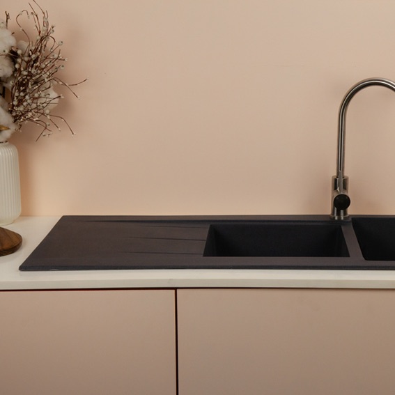 Double Bowl Drainer Granite Kitchen Sink Carbon Black