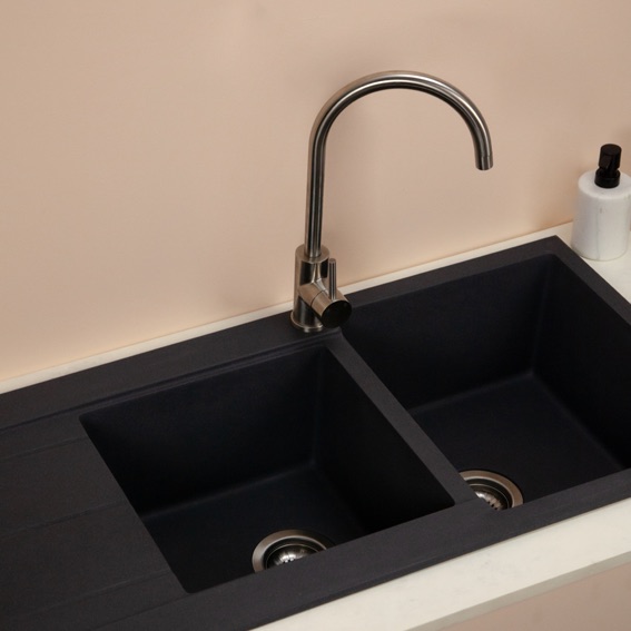 Double Bowl Drainer Granite Kitchen Sink Carbon Black