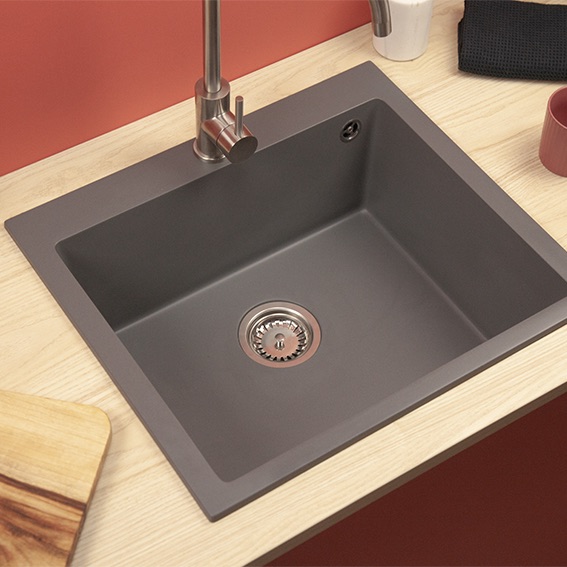 Single Granite Drainerless Topmount Kitchen Sink Concrete Grey European