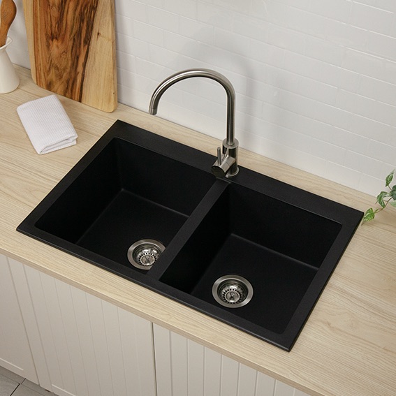 High quality double bowl granite top mount sink tap landing black carbon european made