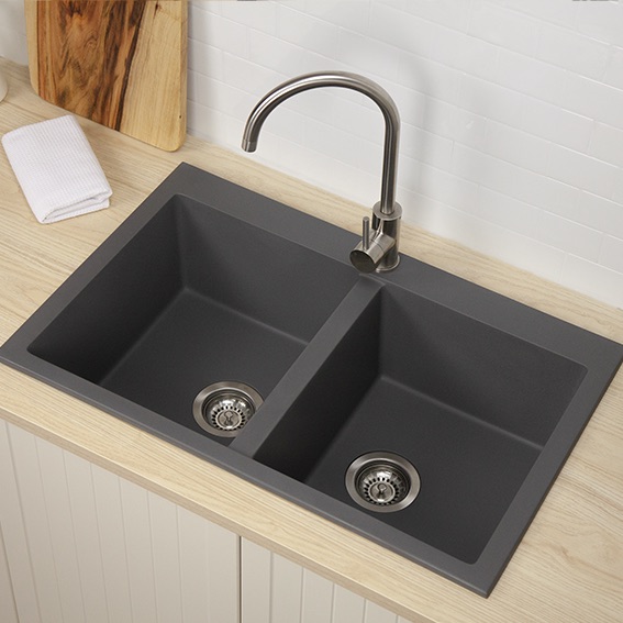 Double Granite Drainerless Kitchen Sink Concrete Grey